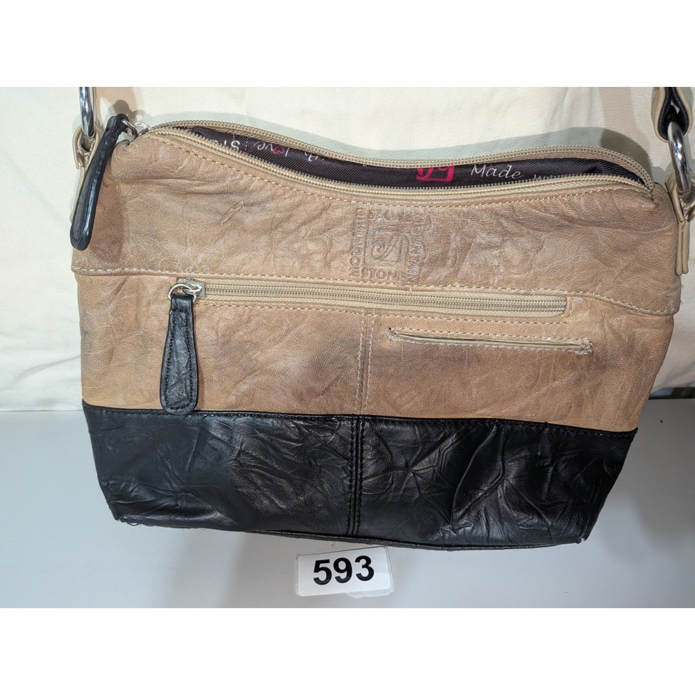 Stone Mountain Colorblock Shoulder Bag Black/Beige Zip Pockets Silver Hardware - Picture 3 of 16